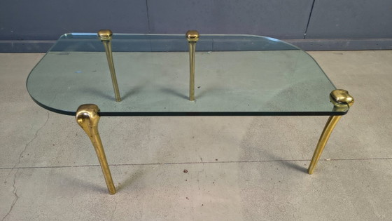 Image 1 of Salontafel van messing en glas, jaren 70.
