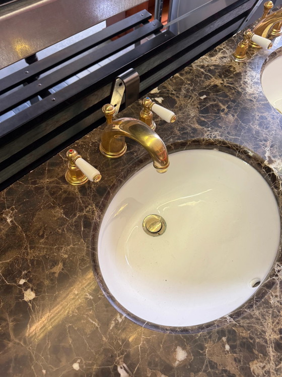 Classic Double Marble Top Bathroom Vanity & Gold Hardware – Storage cabinet (photo 7 of 12)