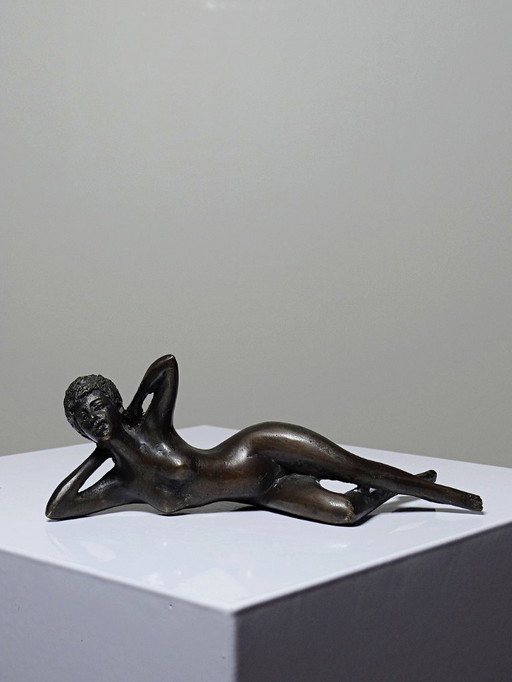 Small Mid - Century bronze, small bather, reclining nude woman