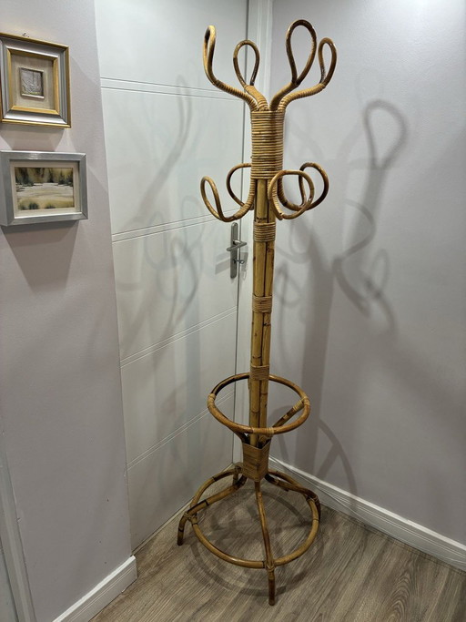 Portemanteau vintage italien en bambou design spirale des années 70, 177 cm de haut