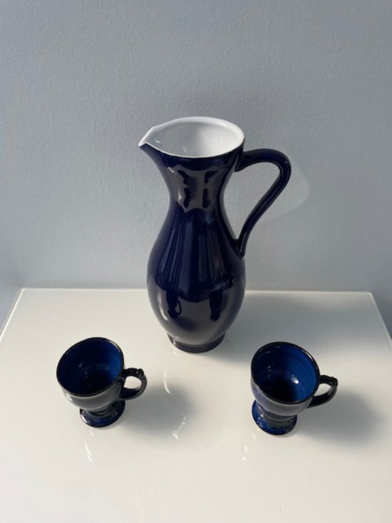 Image 1 of Servizio da tè scandinavo in ceramica blu cobalto: brocca e 2 tazze.