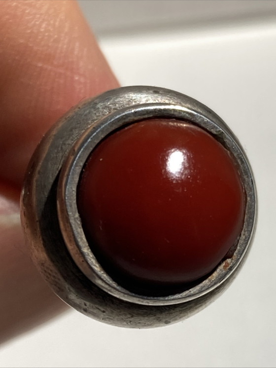 Image 1 of Piccola tabacchiera antica in argento intarsiato con turchese e corallo