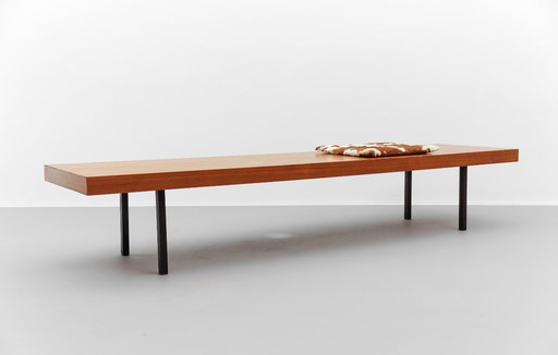 Panca in noce con piedini in metallo, stile Mid-Century Modern, anni '60