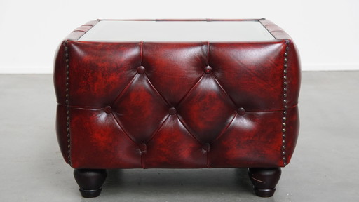 2 x table d'appoint/saloon chesterfield en cuir de boeuf rouge avec plateau en verre