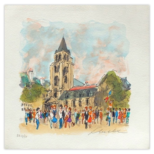 Urbain HUCHET Paris, die Kirche Saint Germain des Prés Signierte Lithographie 1985
