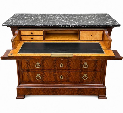Louis Philippe 19th century secretary commode in walnut and burr walnut with a black marble top veined with white