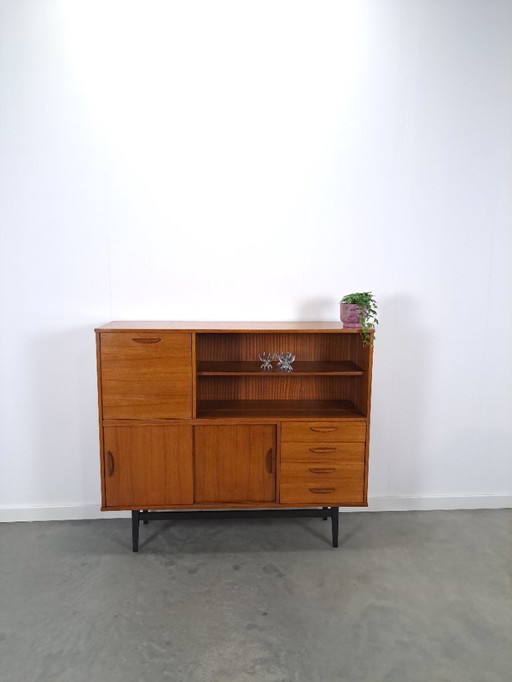 Teak Wall Cabinet with Drawers, Bar and Black Legs