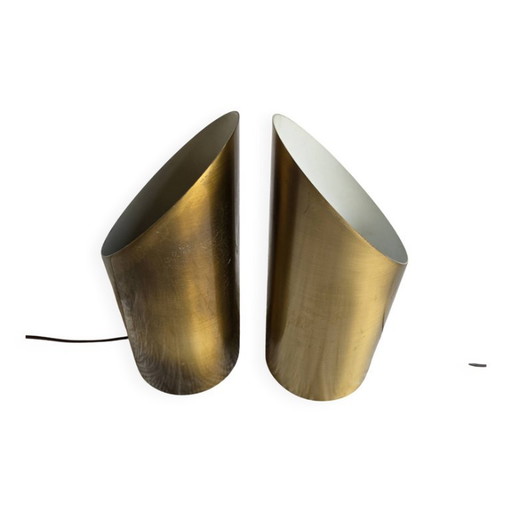 Paar Lampen, signiert Jean Perzel – zylindrisch mit schräger Öffnung – tafellampen, Metal, Brass