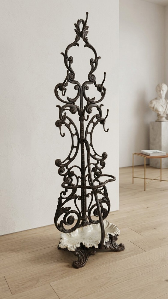 Image 1 of Antique Cast Iron Hall Stand, Victorian Coat Rack with Marble Base, Ornate Hall Tree, 19th Century