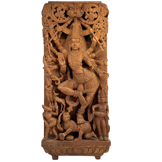 Monumentaal Antiek Zuid-Indiaas Houten Tempelpaneel van Shiva's Kosmische Dans (107 cm) – 17 kg Massief (photo 2 of 9)