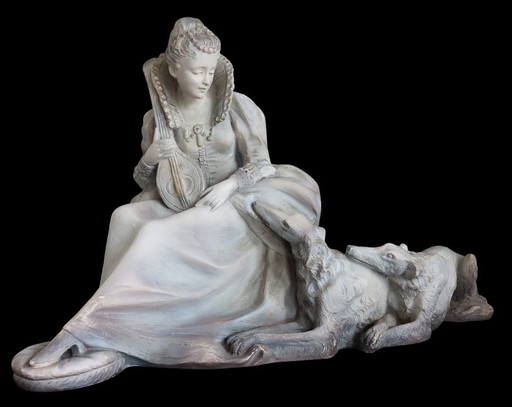 Sculpture Art Déco d'une dame assise avec des chiens