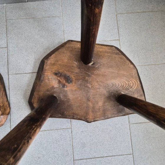 Image 1 of Pair of Vintage Brutalist Tripod Stools 1970s in Oak 70s DLG Marolles