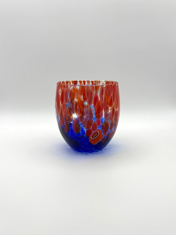 Image 1 of Set van 6 Venetiaanse glazen van geblazen glas met Murano-effect (murrine) in het glas verwerkt, handgemaakt in Italië.