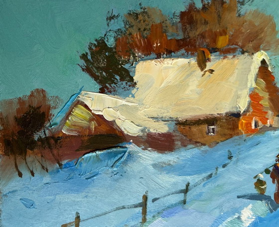 Image 1 of Origineel olieverfschilderij: Winterdorpslandschap met een besneeuwd pad in het dorp.