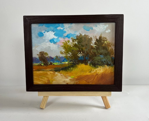 Original Oil Painting Autumn Field Landscape The Road to the Golden Fields
