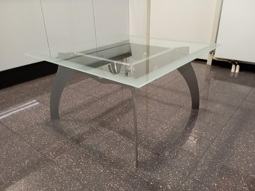 Glass corner table, 80 x 80 cm with sandblasted edge.