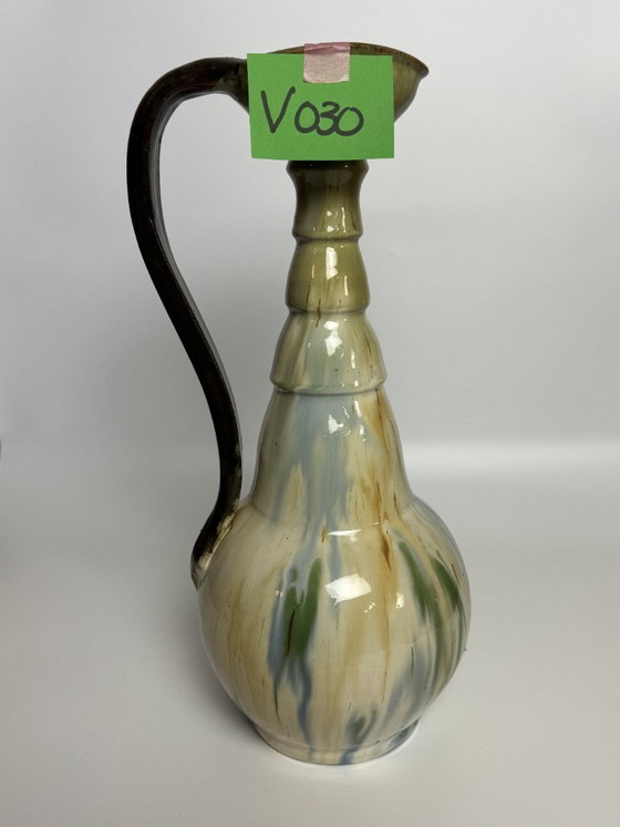 Image 1 of Pichet vintage en céramique émaillée multicolore brillante avec poignée, conçu par Eugene Losson pour Bouffioulx, années 1960.