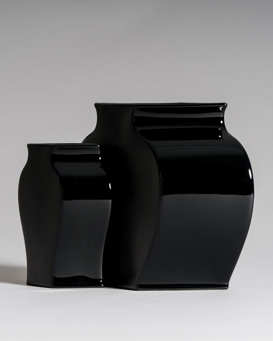 Image 1 of Tadao Amano for Rosenthal Studio-Line “Sakura” Vase Pair in Porcelaine Noire — Matte & Glossy Black, 1980s Germany / Japan
