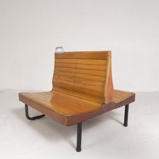 Double-sided teak train bench, 1930s