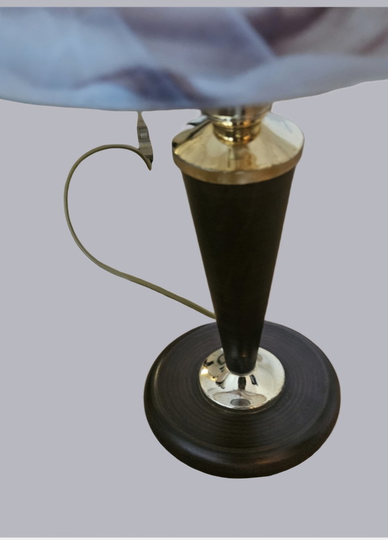 Image 1 of Lampada da tavolo vintage anni '70 - Paralume in vero vetro e marmo - Effetto legno e ottone