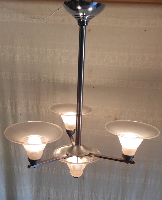 Image 1 of Art Deco kroonluchter met 4 lampen, gemaakt van metaal en glas - jaren 1930/40
