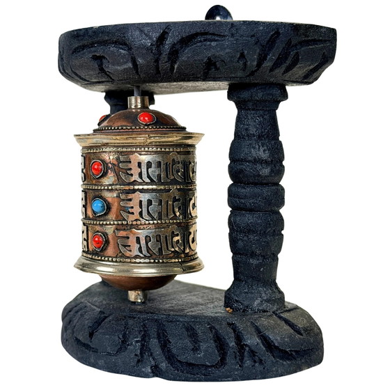Vintage Tibetan Mani Prayer Wheel in Black Wooden Frame – circa 1980s – Sculpture, Metal (photo 8 of 9)