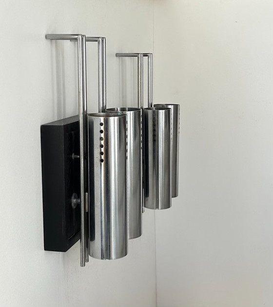 Image 1 of Coppia di applique vintage, metallo cromato e rovere annerito, Francia, 1970