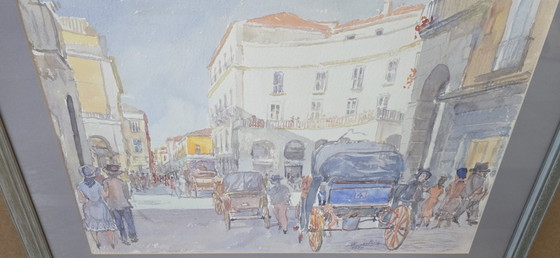 Image 1 of Original Watercolor by Alfredo Beatrice - Historical View of Caserta/Naples
