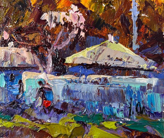 Image 1 of Pintura al óleo original Paisaje otoñal de pueblo Sombras del atardecer