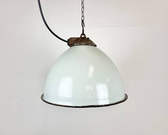 Image 1 of Industrial White Enamel Factory Lamp with Cast Iron Top, 1960s