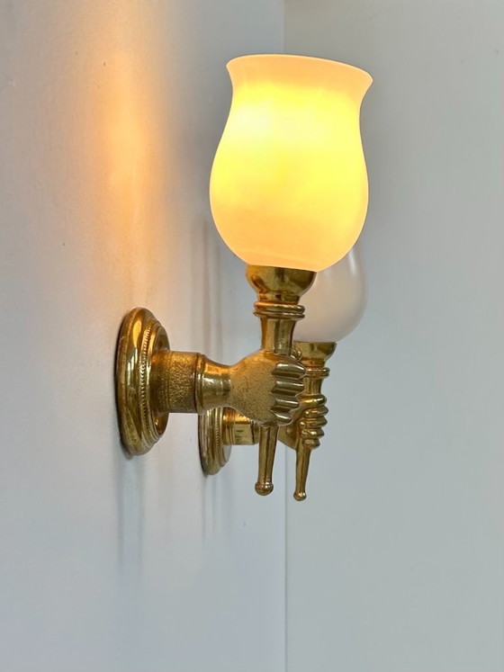 Image 1 of Pair of vintage wall lights, Maison Jansen, patinated solid brass and opaline glass, France, 1960