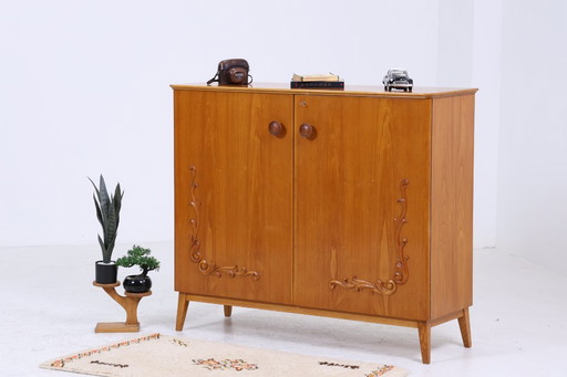 Vintage wooden linen cupboard | Mid - Century 50s cupboard with carving | 60s retro compartment cupboard #05-60