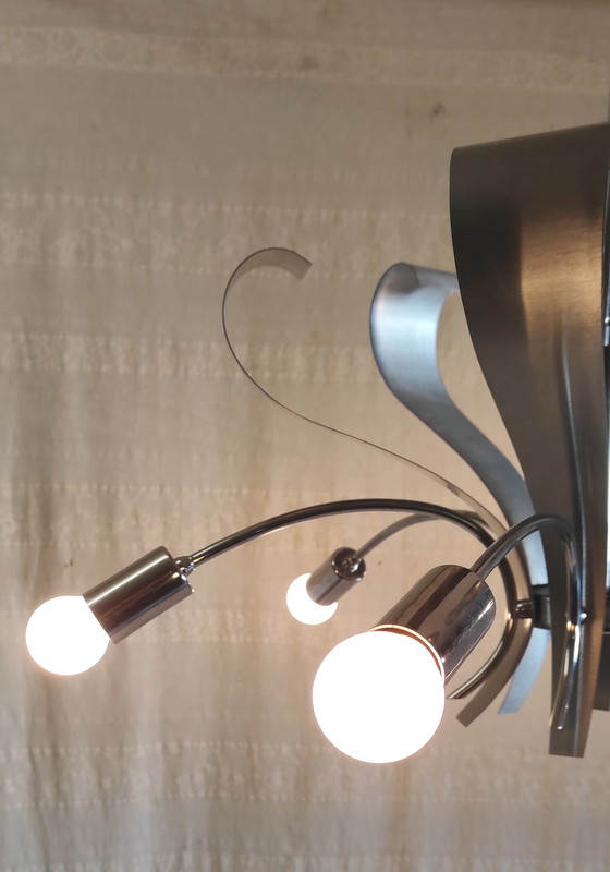 Image 1 of Lustre 6 feux Space-Age en métal chromé et brossé - années 70