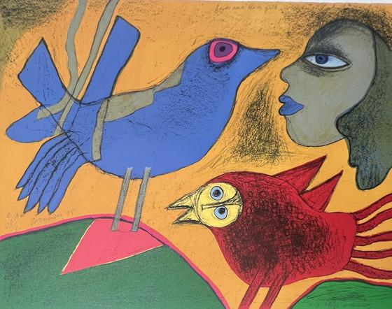 Image 1 of Signed; Guillaume Corneille Lithograph Birds And Black Girl 1995 E/A