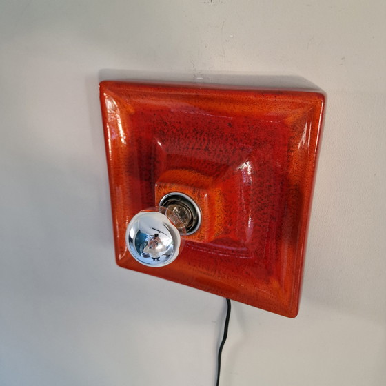Image 1 of Vintage Square Red Wall Lamp - Wall Light Made of Ceramic with Red Glaze, Germany, 1970s, Hustadt Leuchten