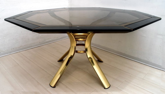 Image 1 of Pierre Cardin Octagonal Dining Table Black Lacquer with Brass Inserts and Base
