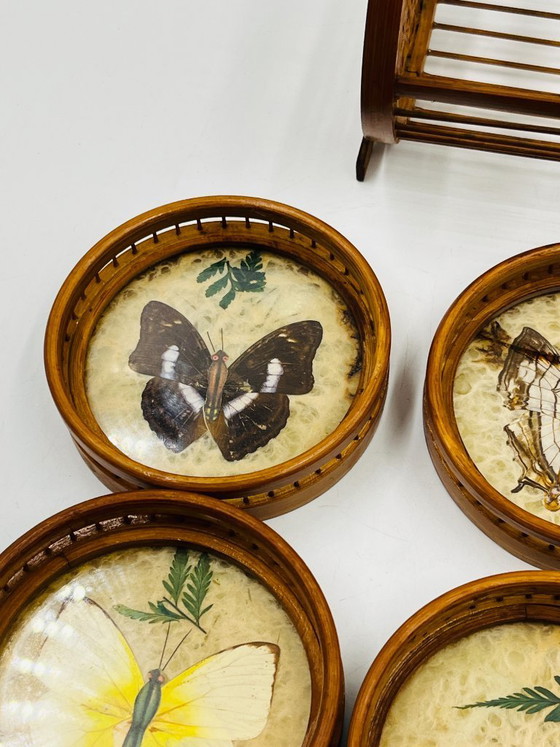 Image 1 of Vintage wooden coaster holder with 6 butterfly coasters