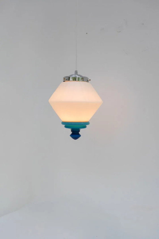 Image 1 of Suspension Art déco scandinave en verre opalin avec détails bleu azur, années 1930