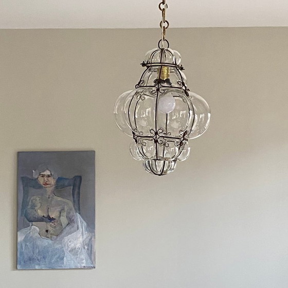 Image 1 of Lámpara colgante grande de cristal enjaulado, lámpara de araña antigua de Murano, farol veneciano transparente