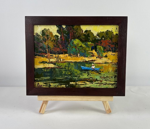 Original Oil Painting Autumn Forest Landscape Dawn over a quiet river