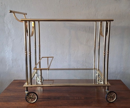 Chariot de bar en laiton doré Hollywood Regency, années 1970