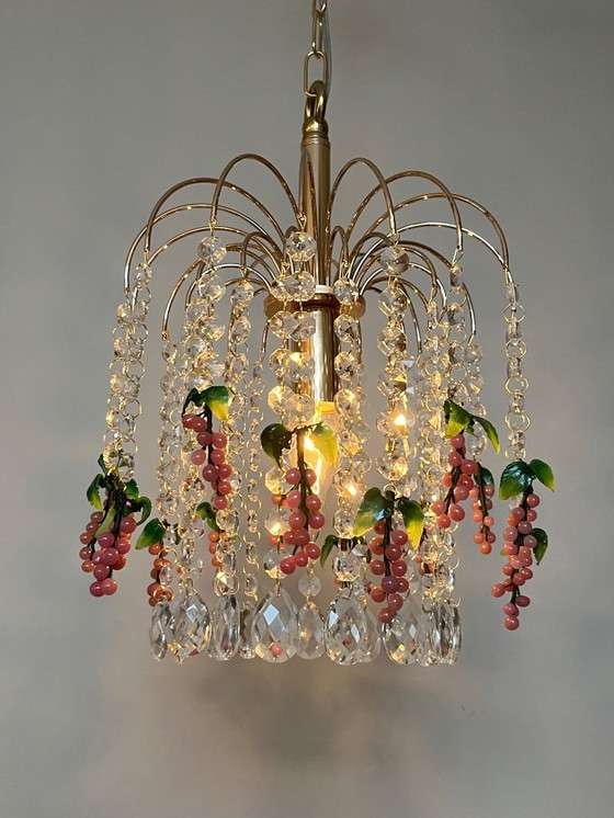 Image 1 of Set of 3 Vintage Pink Grapes Fruit Teardrop Chandelier From Murano