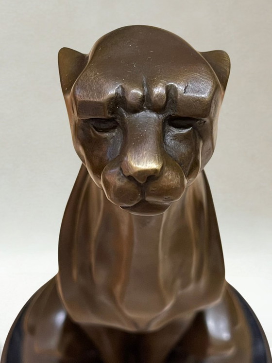 Image 1 of Art Deco bronze panther – Signed De Coux – 30cm - 4kg – Marble base
