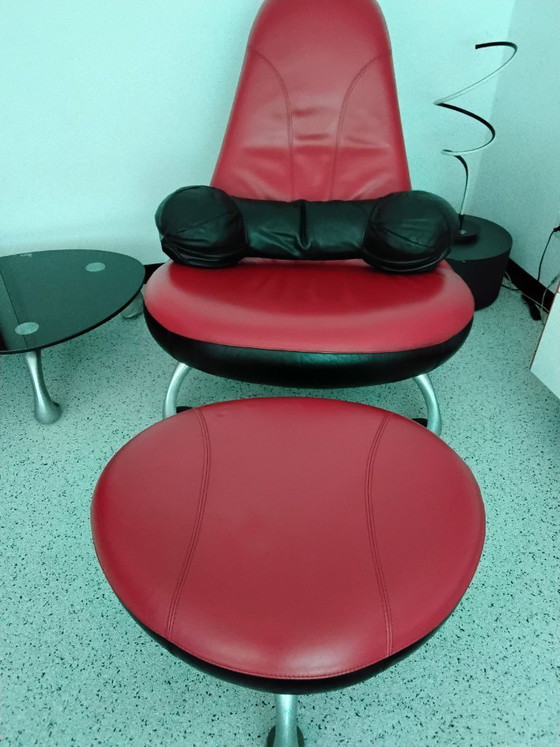 Image 1 of Set of Leolux Chi chairs with side table, footstool, and cushion.