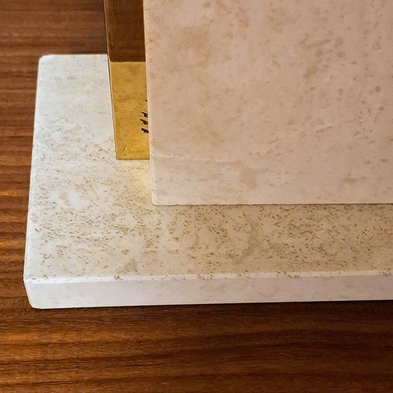 Image 1 of Lampe de table vintage en travertin et chrome doré - Pierre naturelle