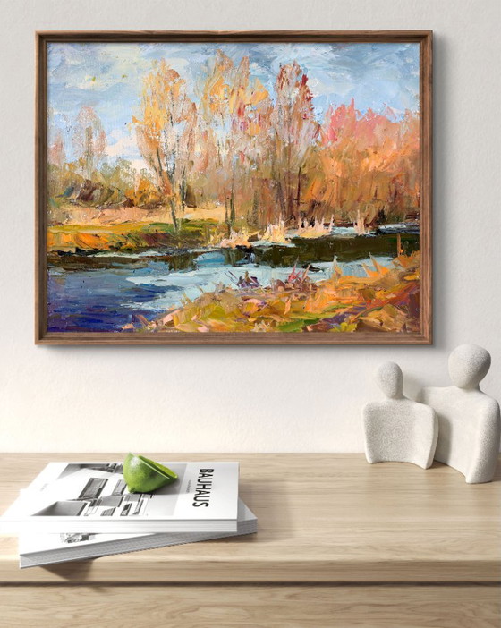 Origineel Schilderij Natuurlandschap Late Herfst Het Eerste IJs – Schilderijen & Tekeningen, Canvas (photo 3 of 7)