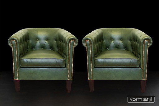 Gecapitonneerde Chesterfield Clubfauteuils in Dik Zadelleer/Rundleer