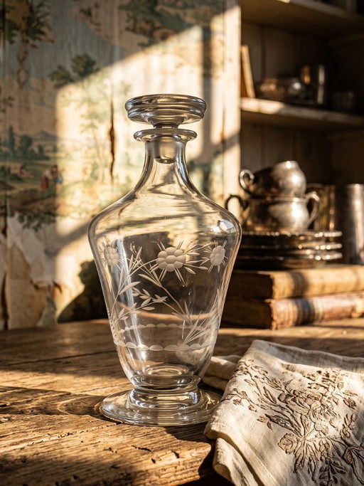 Small antique Bohemian crystal decanter with engraved decoration, early 20th century
