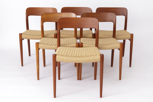 6er Set Niels Otto Moller Modell 75 Esszimmerstühle, 1950er Jahre - restauriertes Teakholz & erneuertes Geflecht