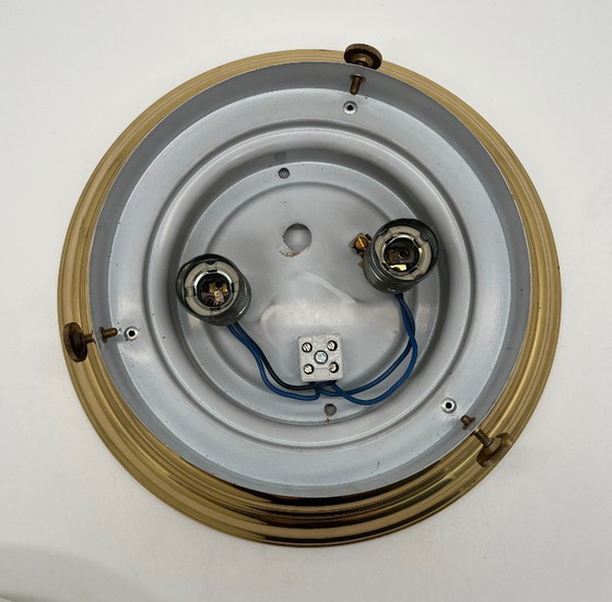 Image 1 of Plafondlamp in mid-century modern stijl – Art Deco – Opaalglas & Messing